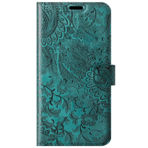 Genuine leather Kickstand Prestige RFID - Ornament Turquoise - TPU Black