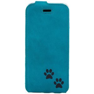 Natural leather Flip case - Turquoise - Two Black Paws - Transparent TPU