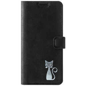 Wallet case - Nubuck Black - Silver Cat - Transparent TPU