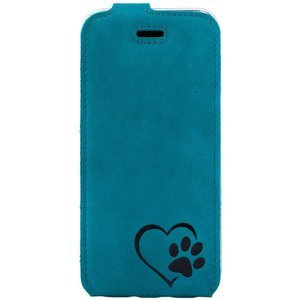 Natural leather Flip case - Turquoise - Black Paw in Heart - Transparent TPU