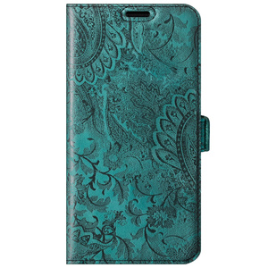 Genuine leather Kickstand Premium RFID - Ornament Turquoise - TPU Black