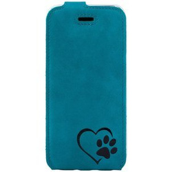 Natural leather Flip case - Turquoise - Black Paw in Heart - Transparent TPU