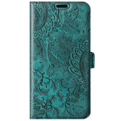 Genuine leather Kickstand Premium RFID - Ornament Turquoise - TPU Black